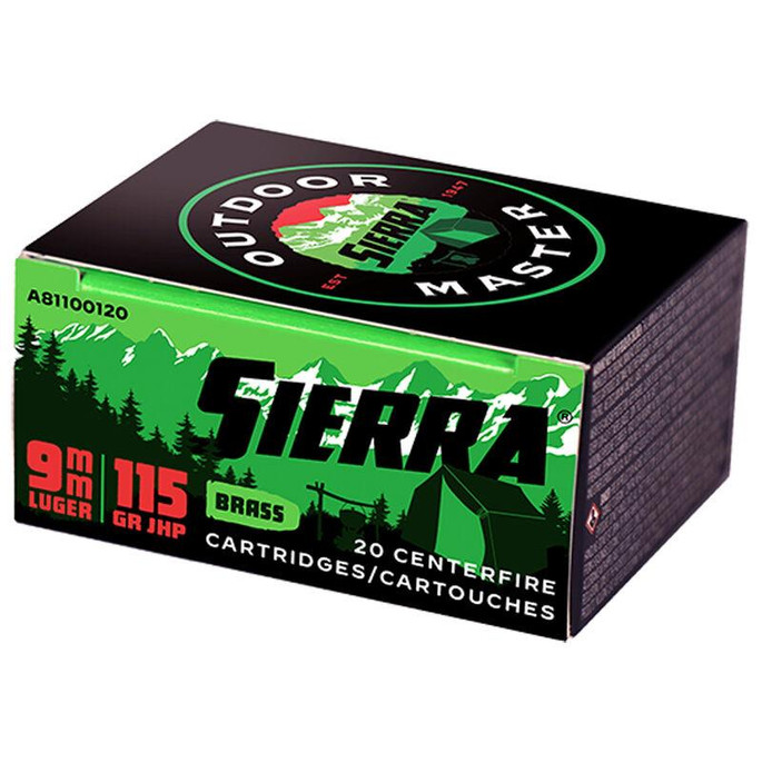 Sierra Outdoor Master 9mm Luger Ammunition 20 Rounds 115 Grain Sports Master JHP Bullet 1135 fps - 092763600139