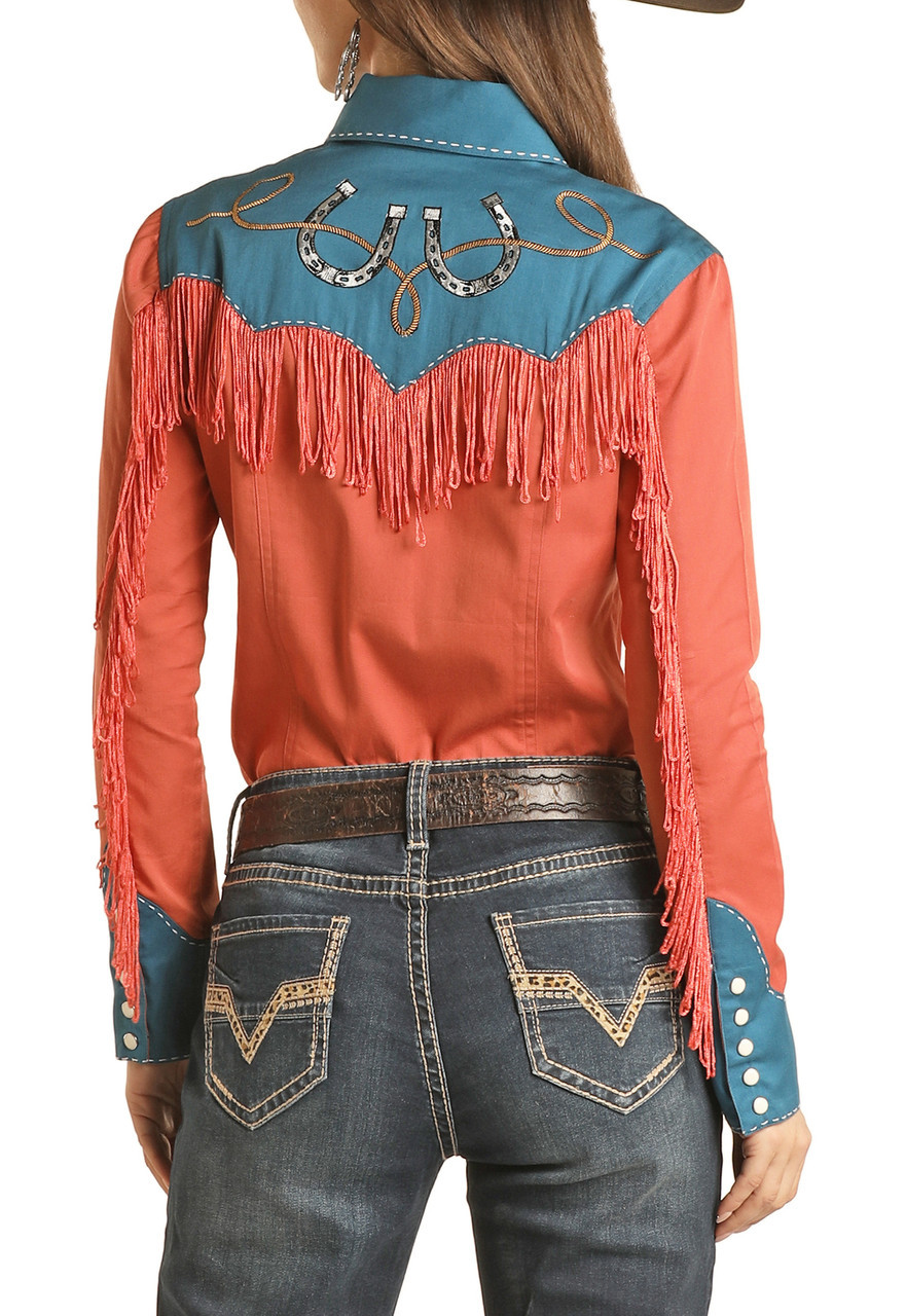 Western Shirt - Mustard Retro Fringe Embroidery Women - Rock&Roll Cowgirl  Size XS Color Moutarde