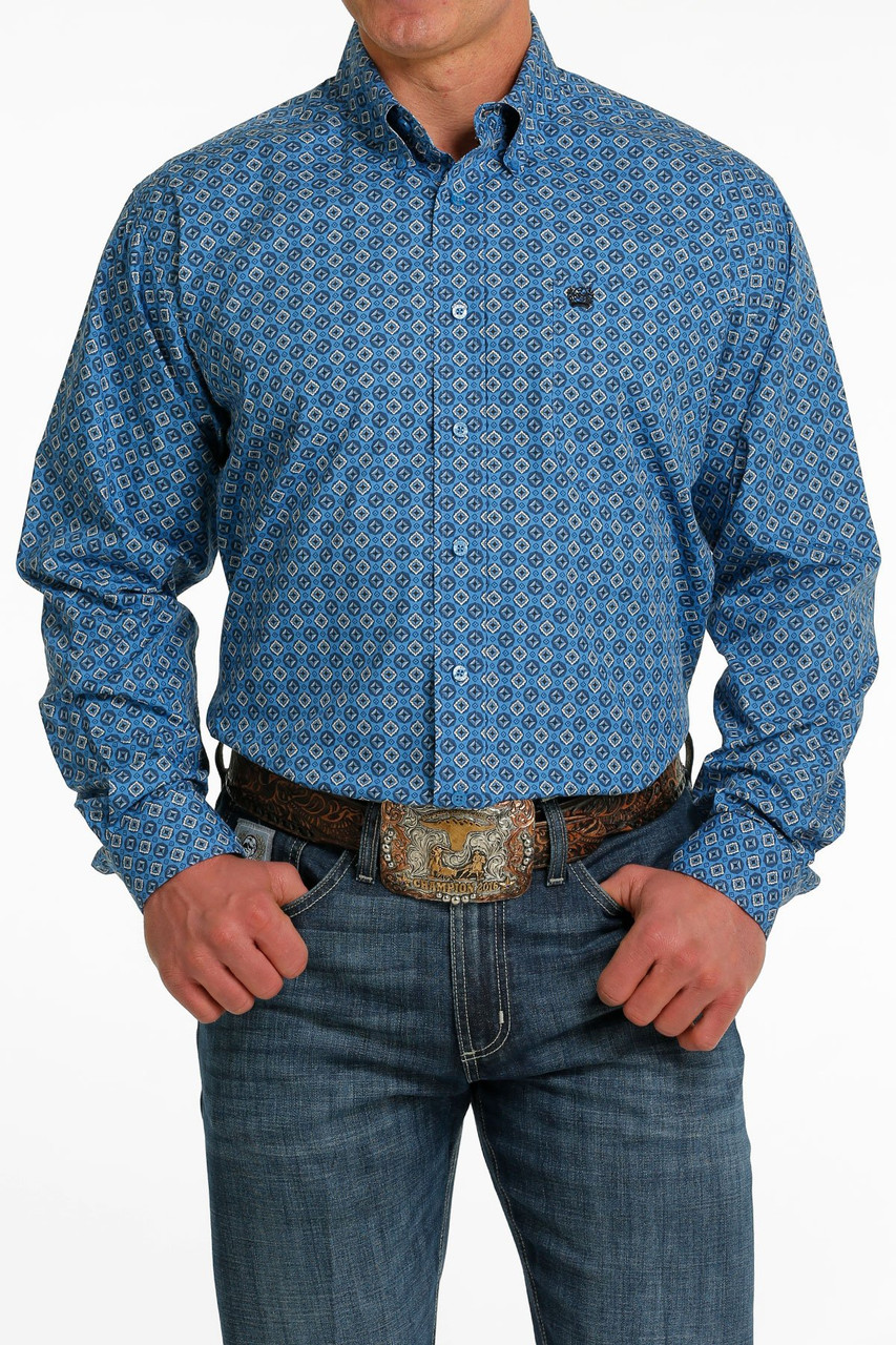 CINCH MEN'S LONG SLEEVE PRINT SHIRT LIGHT BLUE FRINGE WESTERN WEAR