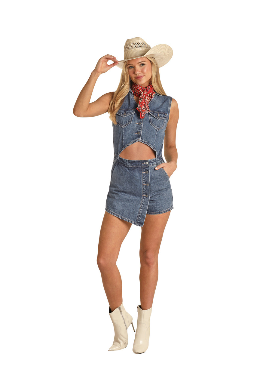 R&R SLEEVELESS DENIM ROMPER FRINGE WESTERN WEAR