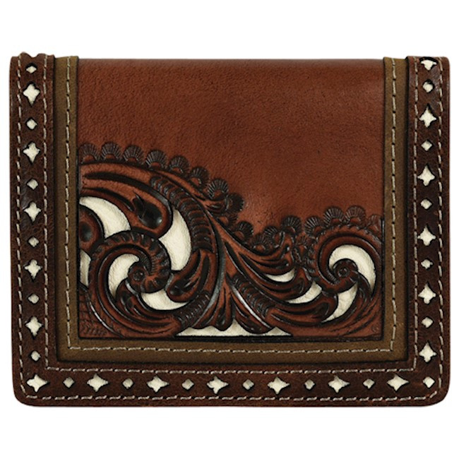 JUSTIN BIFOLD CARD WALLET BROWN W/TOOLING FRINGE WESTERN WEAR
