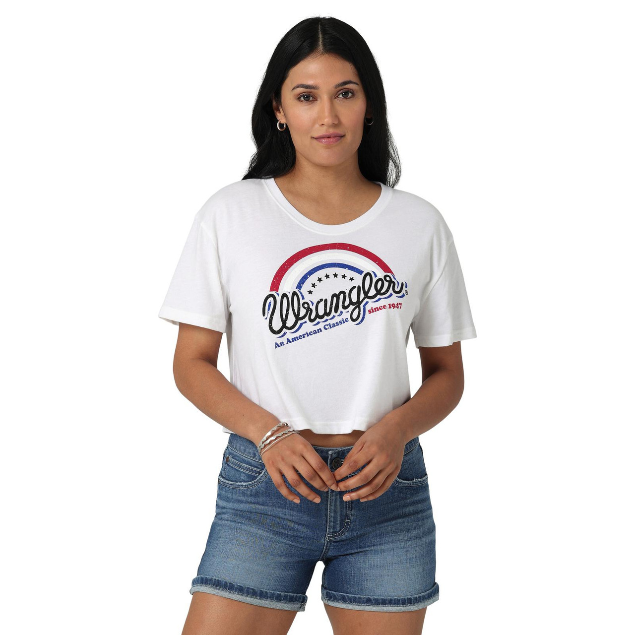 WRANGLER WOMEN CROP GRAPHIC TEE FRINGE WESTERN WEAR