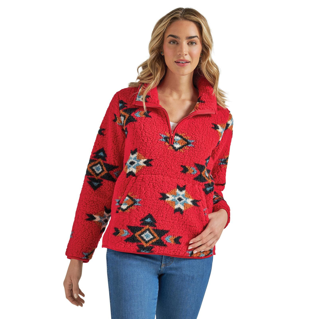 WRANGLER WOMEN'S AMERICANA SHERPA PULLOVER RED AZTEC FRINGE