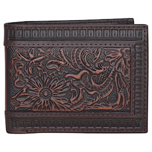 JUSTIN LEATHER BIFOLD WALLET WITH TOOLING - FRINGE WESTERN WEAR