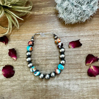 10 mm Sterling Silver Pearls Bracelet with Mohave Beads