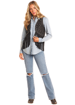 R&R WOMENS STUDDED VEST W/FRINGE
