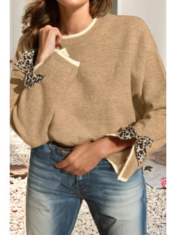 LEOPARD BOW SLEEVE TAN SWEATER