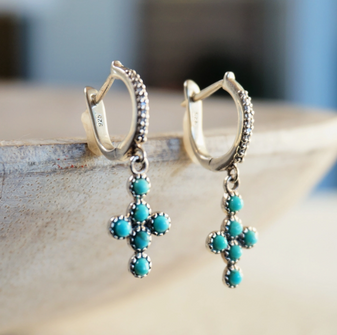 TURQUOISE CROSS HOOP EARRINGS
