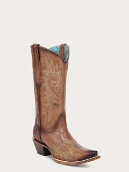 WOMEN'S SHEDRON FLAMES EMBROIDERY SNIP TOE COWBOY BOOT - CORRAL - Z5506