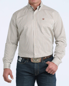 CINCH MENS CREAM/TAN PINSTRIPPED BUTTON UP 
