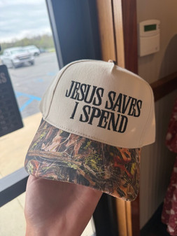 JESUS SAVES I SPEND CAMO HAT
