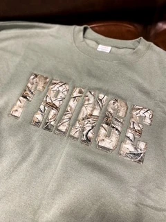 FRINGE EMBRODIERED GREEN AND CAMO CREWNECK 