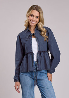 ROPER DARK DENIM TIE FRONT LONG SLEEVE TOP 