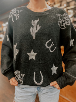 BLACK & SILVER CACTUS SWEATER TOP 
