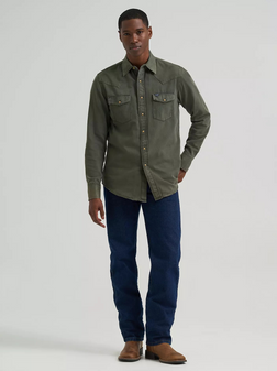 WRANGLER MENS DENIM SHIRT - OLIVE GREEN