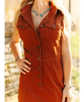 DENIM SLEEVELESS DRESS - CAMEL