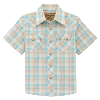 BOYS WRANGLER RETRO SHORT SLEEVE SHIRT - TAN AND TURQUOISE