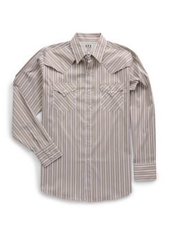 ELY CATTLEMENS PRO KHAKI STRIPED LONG SLEEVE PEARL SNAP