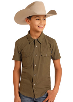ROCK & ROLL BOYS TEK OLIVE GREEN PEARL SNAP SHORT SLEEVE