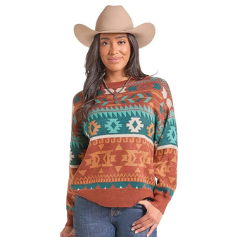 WOMEN'S RUST AZTEC SWEATER