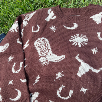 ROCK AND ROLL GIRL'S BROWN WESTERN PRINT SWEATER