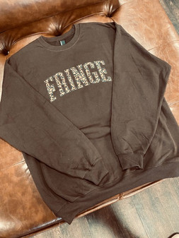 FRINGE LEOPARD PRINT VARSITY CREWNECK