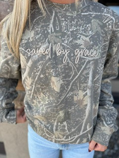SAVED BY GRACE CAMO CREWNECK