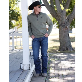CINCH MEN'S OLIVE GREEN 1/4 ZIP RIBBED PULLOVER