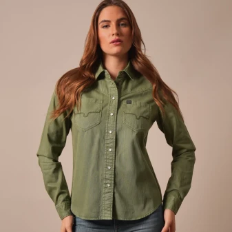 KIMES WOMENS DELLA MOSS GEEN LONG SLEEVE PEARL SNAP