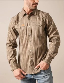 KIMES MEN'S ARMY GREEN LONG SLEEVE STRIPED SHIRT