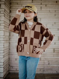 YOUTH BROWN AND TAN CHECKERED HORSESHOE CARDIGAN