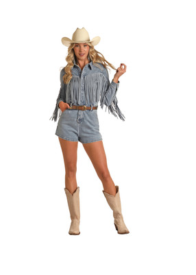 R&R DENIM ROMPER WITH FRINGE