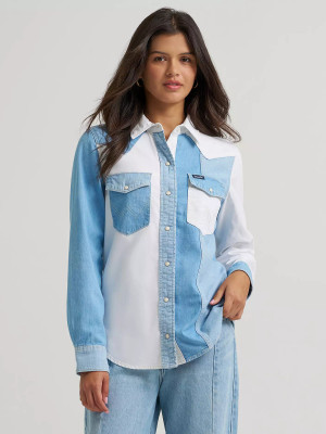 WRANGLER WOMENS RETRO AMERICANA BOYFRIEND DENIM SNAP SHIRT