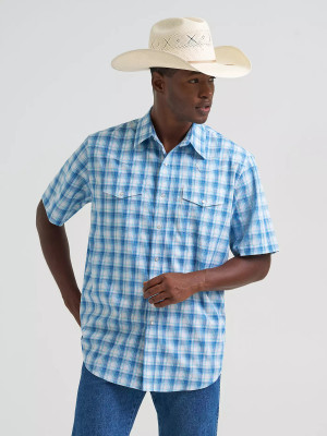 WRANGLER MENS LIGHT BLUE SHORT SLEEVE BUTTON UP 