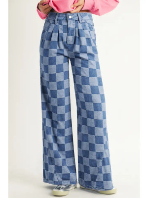 DENIM CHECKERED WIDE LEG JEANS 