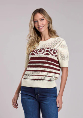 STETSON CREAM/MAROON WOMENS SHORT SLEEVE SWEATER TOP 