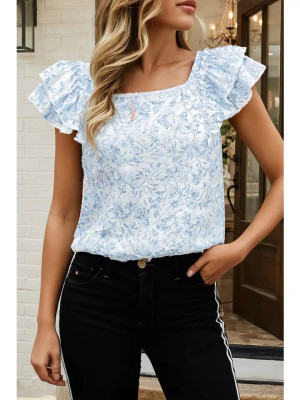 FLORAL RUFFLE TOP - BLUE 