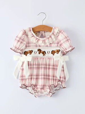 WESTERN HORSE EMBROIDERED SMOCKED ONESIE 