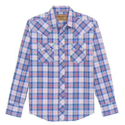 Wrangler Retro® Long Sleeve Shirt – Modern Fit, Blue/Red Plaid – 100% Cotton