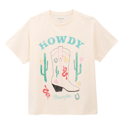 Wrangler Retro® Graphic Short Sleeve T-Shirt – Girlfriend Fit, Whisper White – 100% Cotton, Howdy Boot & Cactus Graphic