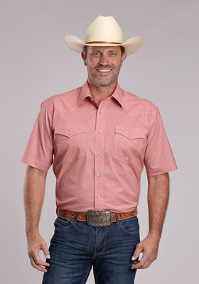 ROPER MENS RED POPLIN SHORT SLEEVE SNAP SHIRT