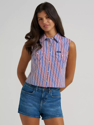 WRANGLER WOMENS STRIPED SLEEVELESS SNAP SHIRT