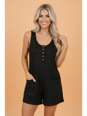 WOMENS WAFFLE SCOOP NECK BLACK ROMPER 