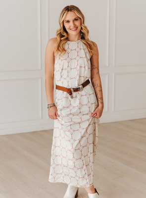 CREAM BIT SATIN HALTER LACE DRESS 