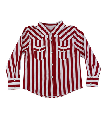 RED AND WHITE STRIPED LONG SLEEVE KIDS PEARL SNAP