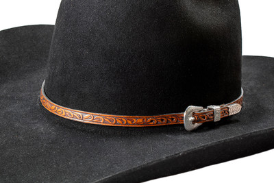 TOOLED LEATHER HAT BAND - SCROLL BROWN