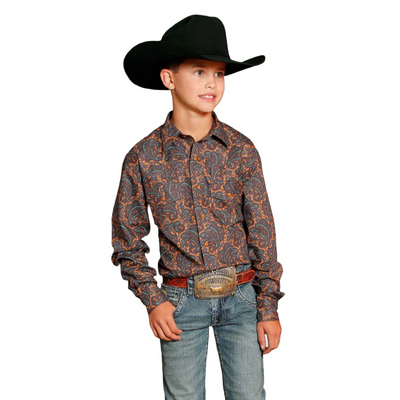 CINCH BOY'S LONG SLEEVE PRINT BROWN SHIRT