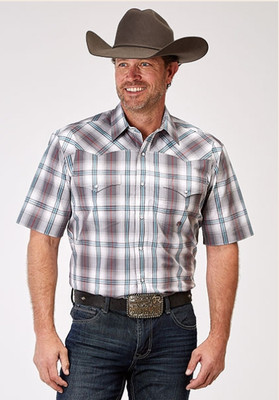 MENS SHORT SLEEVE PEARL SNAP PLAID CLOUD GRAY 