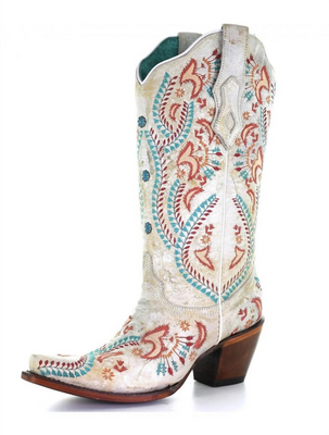 CORRAL WOMENS EMBROIDERED BOOTS IN WHITE/TURQUOISE/RED