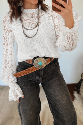 WOMENS WHITE RUFFLED LACE BLOUSE 